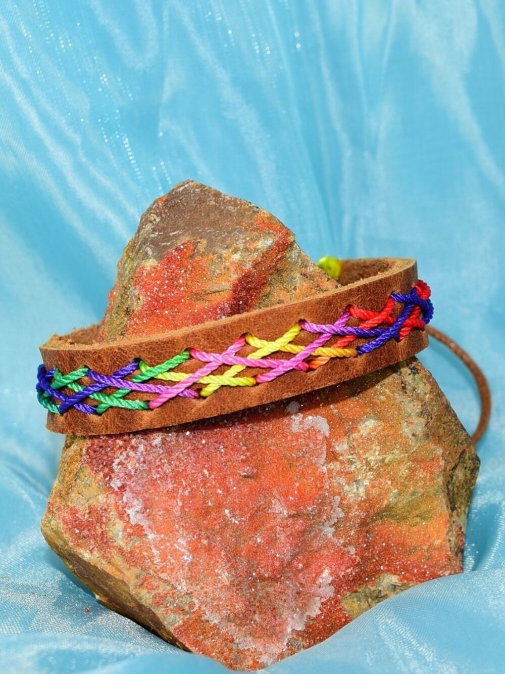 Caz Punch Cross Stitch Leather Bracelet Pink Blue Yellow Brown Mens Gift Boxed